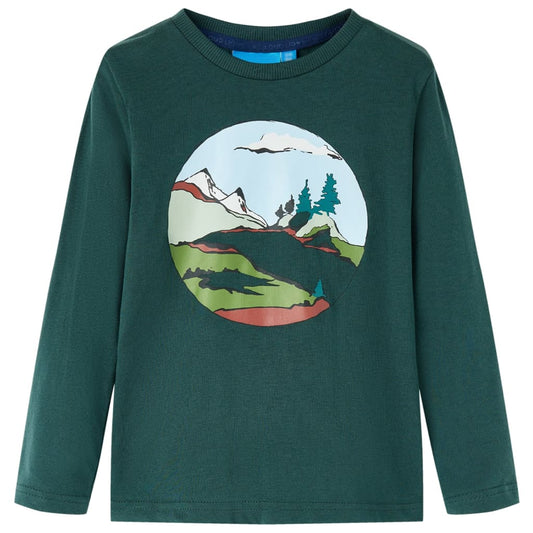 Kids' T-shirt with Long Sleeves Mountain and Tree Print Dark Green 104