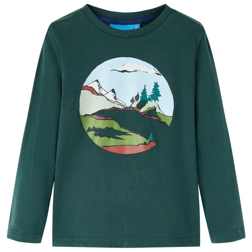 Kids' T-shirt with Long Sleeves Mountain and Tree Print Dark Green 128