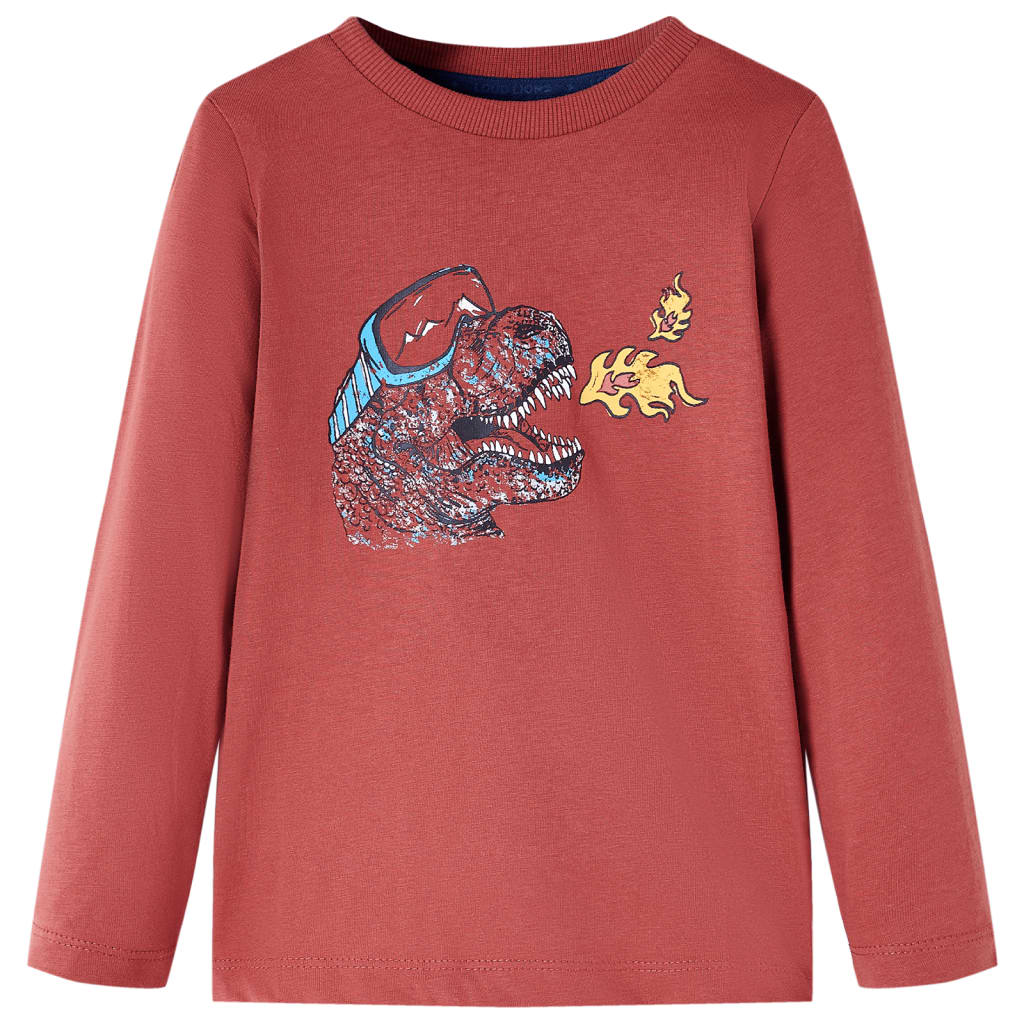 Kids' T-shirt with Long Sleeves Dinosaur Print Burnt Red 92