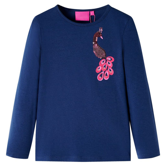 Kids' T-shirt with Long Sleeves Peacock Design Navy Blue 140