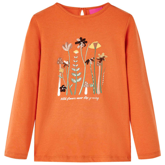 Kids' T-shirt with Long Sleeves Flowers Print Burnt Orange 128
