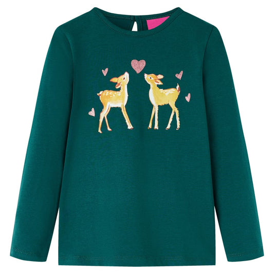 Kids' T-shirt with Long Sleeves Deers Print Dark Green 140