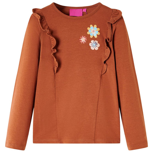 Kids' T-shirt with Long Sleeves Flowers Print Cognac 92