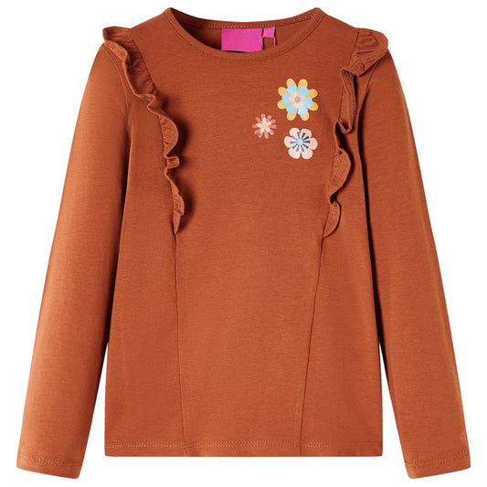 Kids' T-shirt with Long Sleeves Flowers Print Cognac 140
