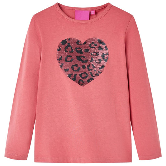 Kids' T-shirt with Long Sleeves Sequin Heart Design Old Pink 116