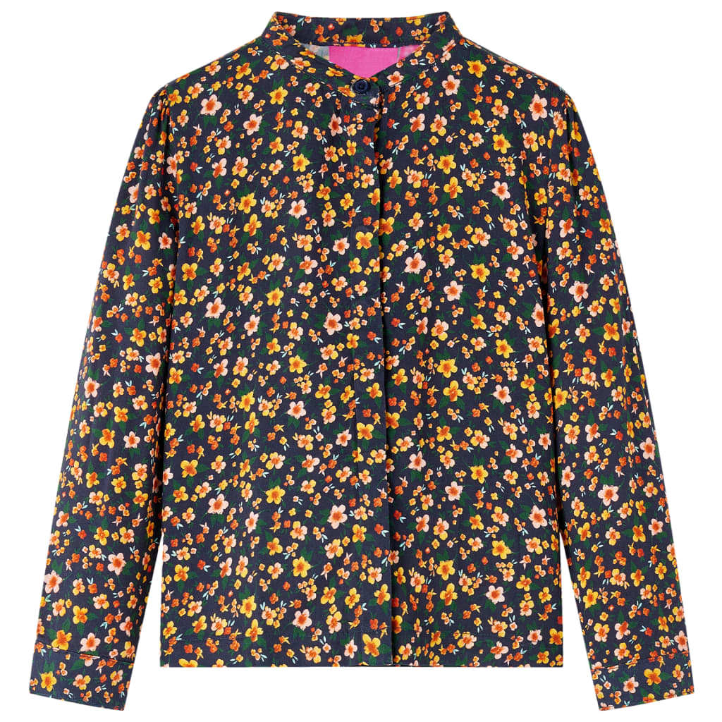 Kids' Shirt with Band Collar Floral Print Navy 128