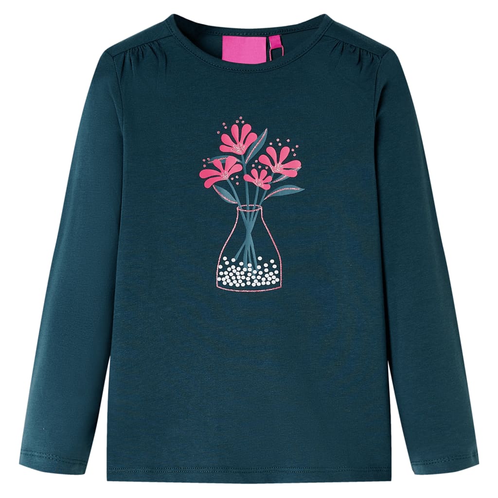 Kids' T-shirt with Long Sleeves Flower Print Dark Green 116