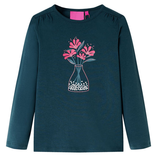 Kids' T-shirt with Long Sleeves Flower Print Dark Green 116