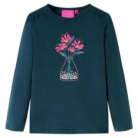 Kids' T-shirt with Long Sleeves Flower Print Dark Green 140