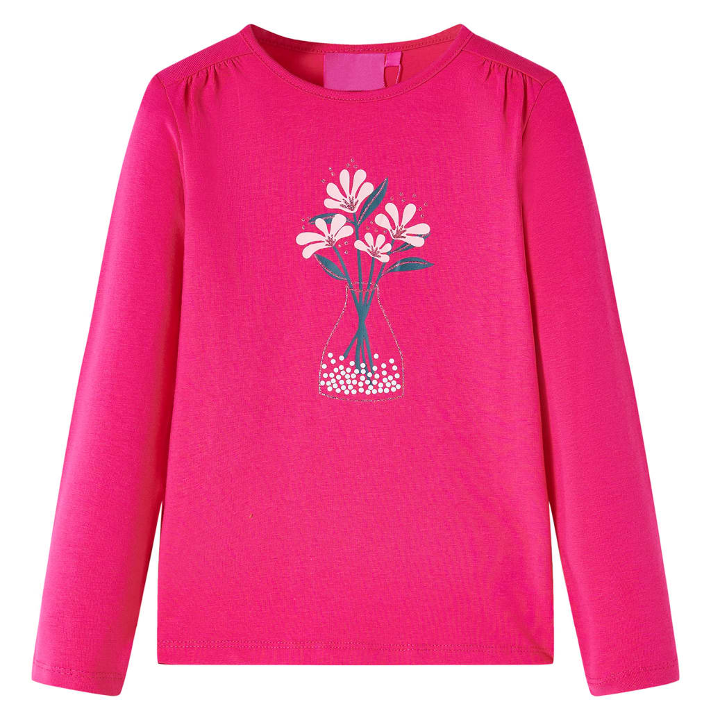 Kids' T-shirt with Long Sleeves Flower Print Bright Pink 104