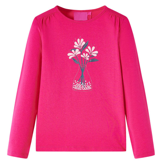 Kids' T-shirt with Long Sleeves Flower Print Bright Pink 140
