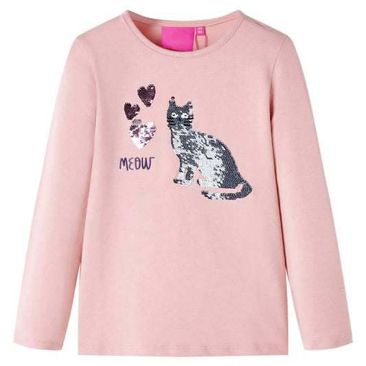 Kids' T-shirt with Long Sleeves Sequin Cat Design Light Pink 92