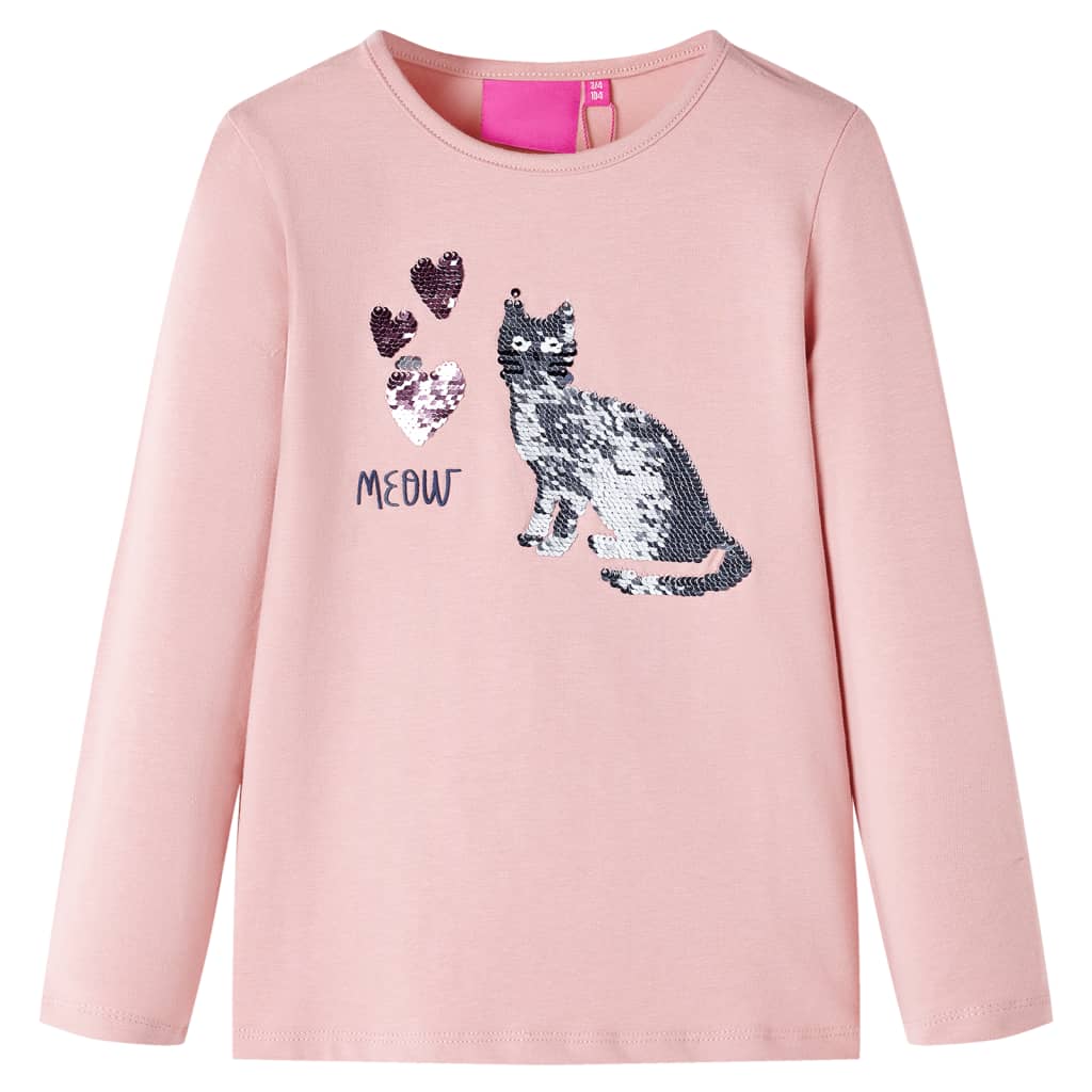 Kids' T-shirt with Long Sleeves Sequin Cat Design Light Pink 116