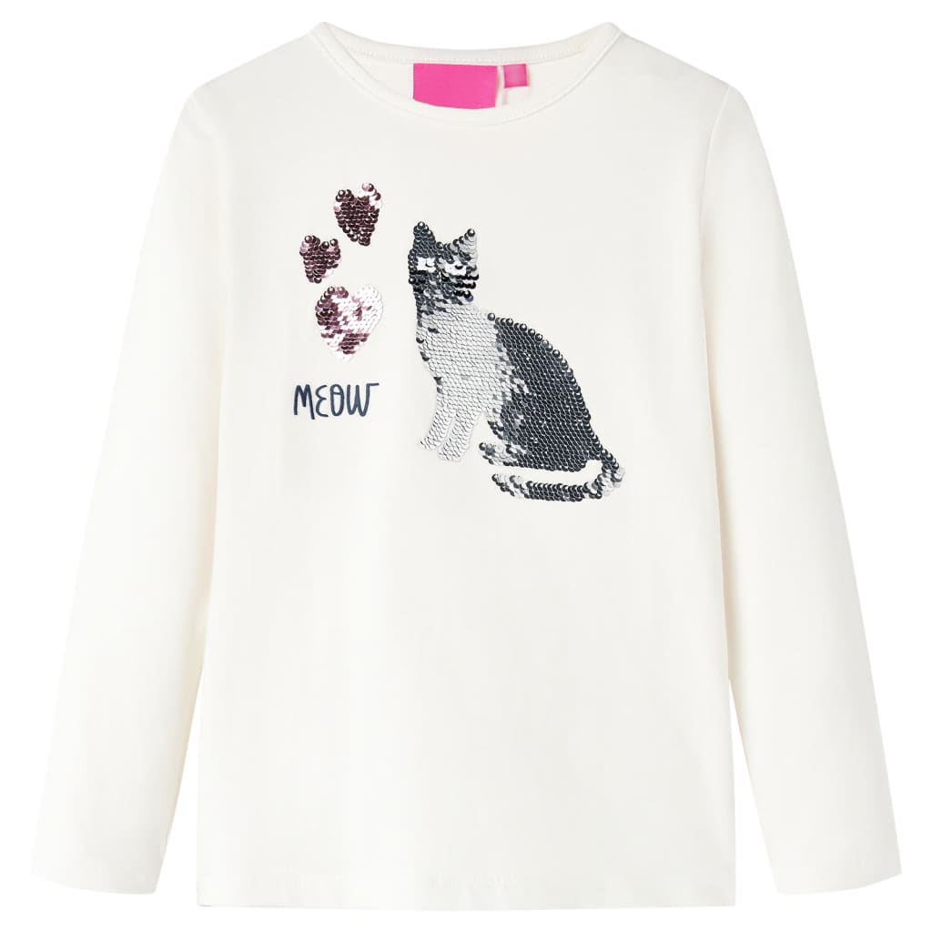 Kids' T-shirt with Long Sleeves Sequin Cat Design Ecru 128