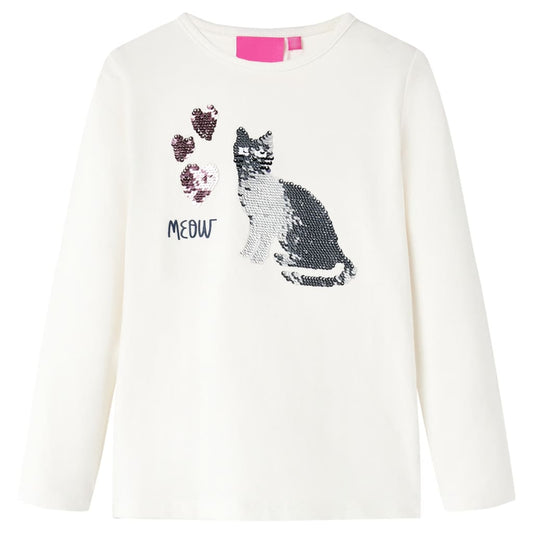 Kids' T-shirt with Long Sleeves Sequin Cat Design Ecru 128
