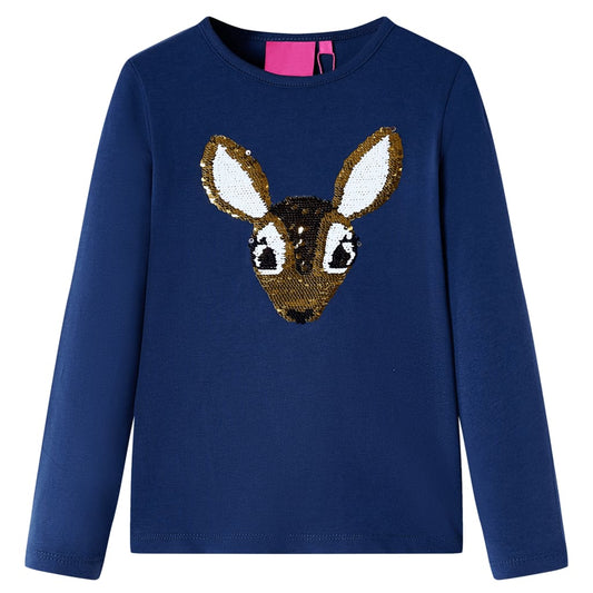 Kids' T-shirt with Long Sleeves Sequined Deer Navy 140