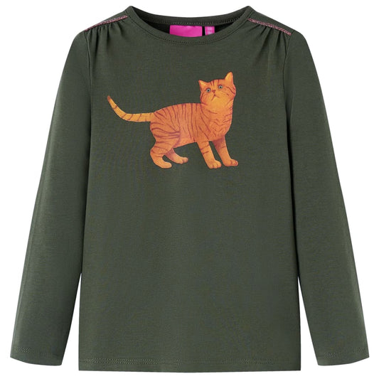 Kids' T-shirt with Long Sleeves Cat Print Khaki 104