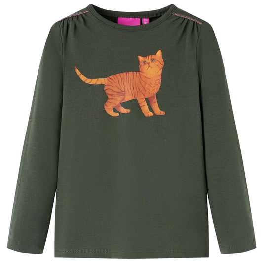 Kids' T-shirt with Long Sleeves Cat Print Khaki 128