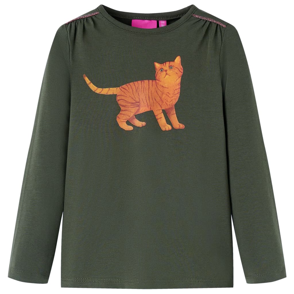 Kids' T-shirt with Long Sleeves Cat Print Khaki 140
