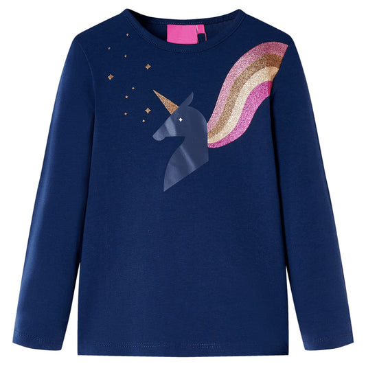 Kids' T-shirt with Long Sleeves Unicorn Design Navy 140
