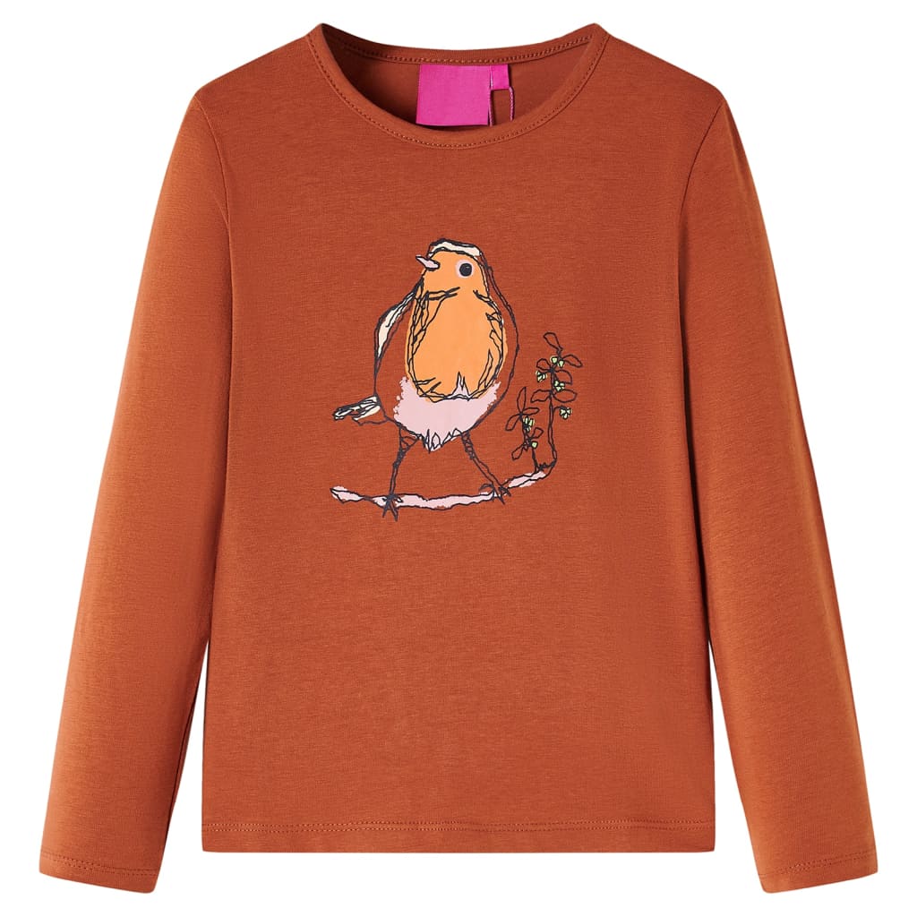 Kids' T-shirt with Long Sleeves Bird Print Cognac 128