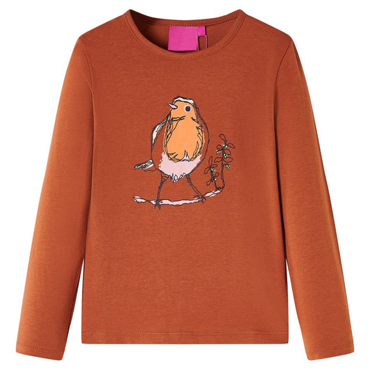Kids' T-shirt with Long Sleeves Bird Print Cognac 128