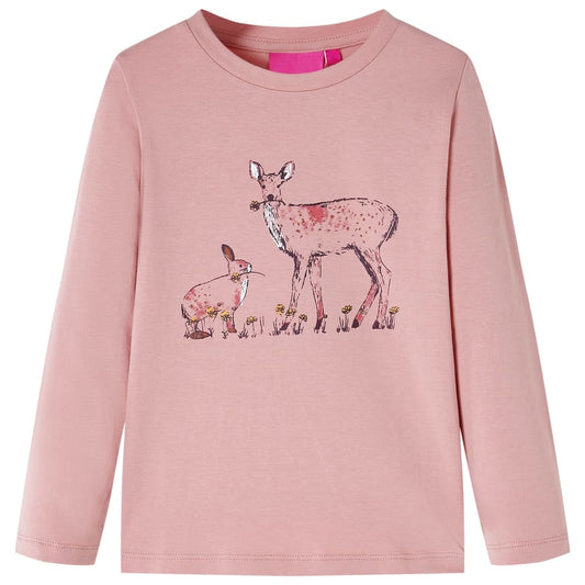 Kids' T-shirt with Long Sleeves Deer and Rabbit Print Pink 92