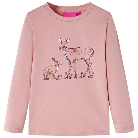 Kids' T-shirt with Long Sleeves Deer and Rabbit Print Pink 128
