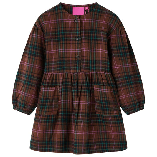 Kids' Dress with Long Sleeves Plaid Pattern Cognac 104