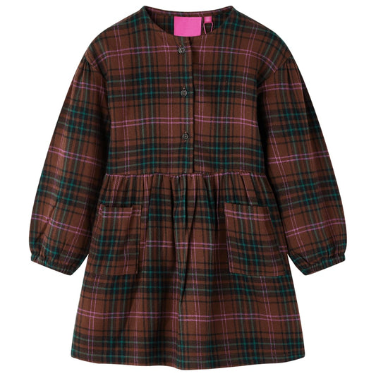 Kids' Dress with Long Sleeves Plaid Pattern Cognac 128