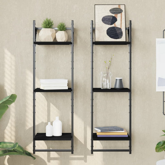 vidaXL 3-Tier Wall Shelves with Bars 2 pcs Black 30x25x100 cm