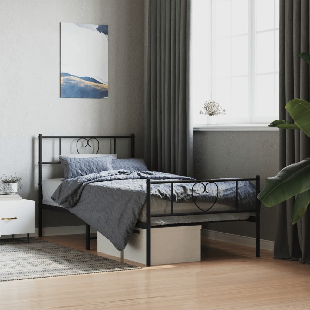 vidaXL Metal Bed Frame with Headboard and Footboard Black 90x190 cm