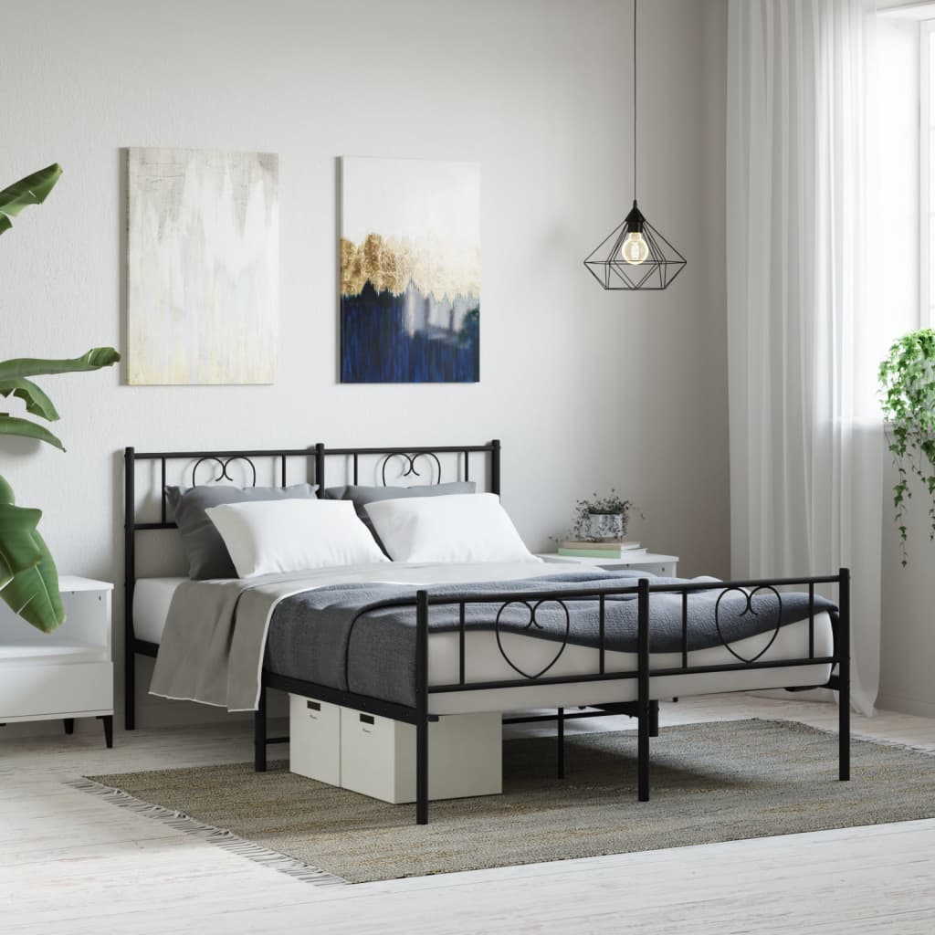 vidaXL Metal Bed Frame with Headboard and Footboard Black 135x190 cm