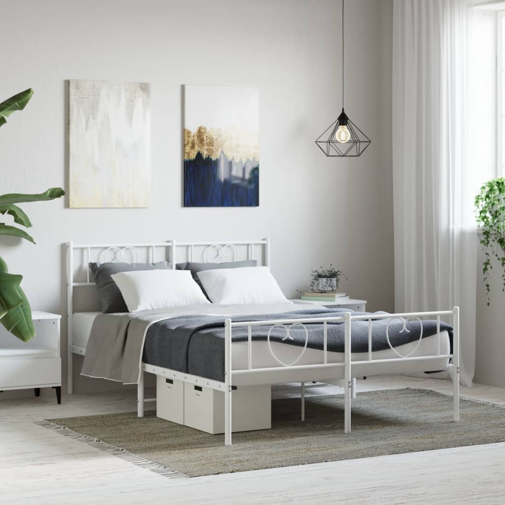 vidaXL Metal Bed Frame with Headboard and Footboard White 135x190 cm 4FT6 Double
