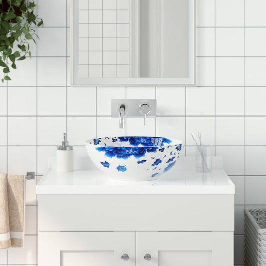 vidaXL Countertop Basin White and Blue Round ë_41x14 cm Ceramic