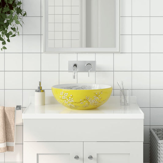 vidaXL Countertop Basin White and Yellow Round ë_41x14 cm Ceramic