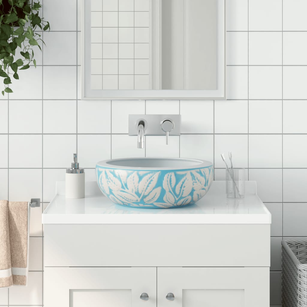 vidaXL Countertop Basin White and Blue Round ë_41x14 cm Ceramic