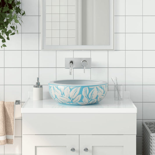 vidaXL Countertop Basin White and Blue Round ë_41x14 cm Ceramic