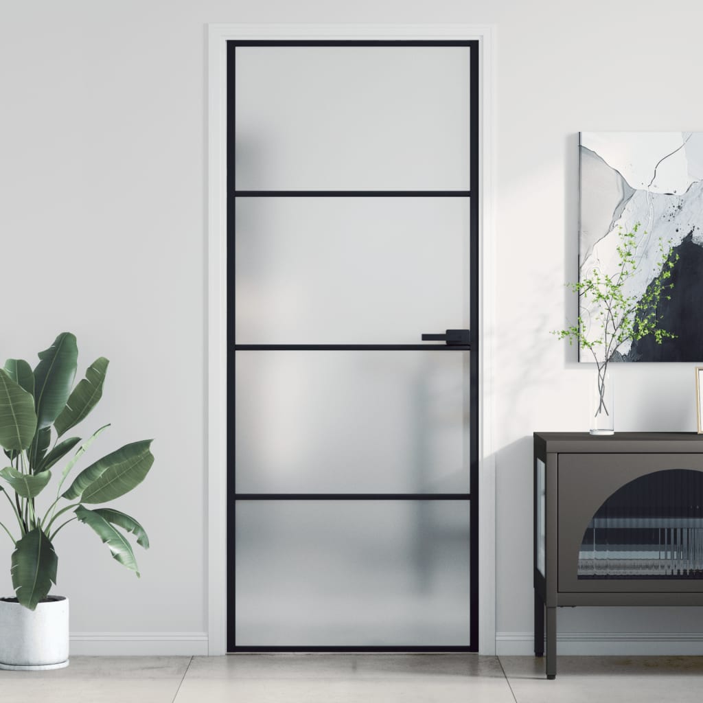 vidaXL Interior Door Slim Black 83x201.5 cm Tempered Glass and Aluminium