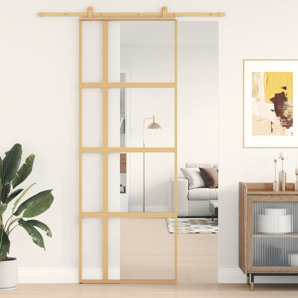 vidaXL Sliding Door Gold 76x205 cm Clear ESG Glass and Aluminium