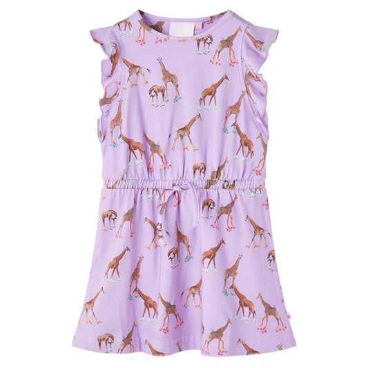 Kids' Dress with Ruffle Sleeves and Drawstring Giraffe Print Lila 128