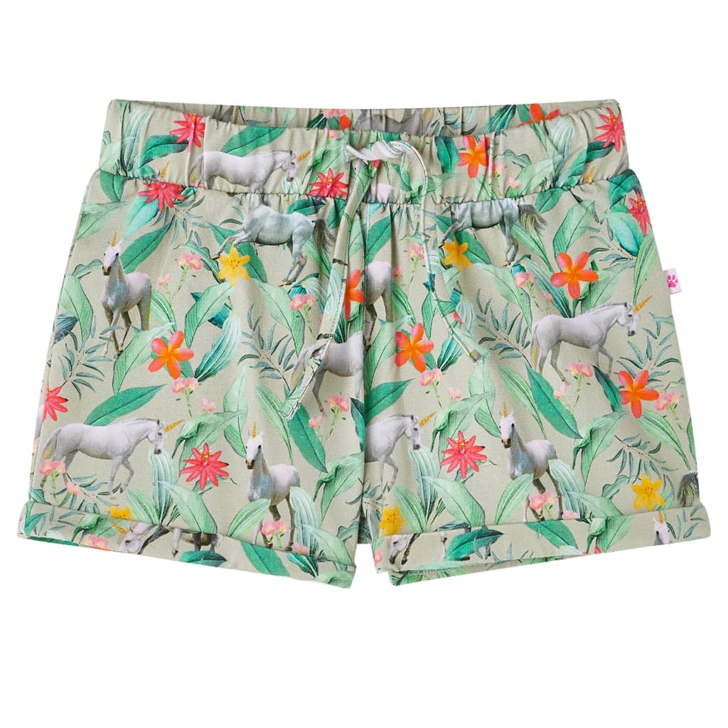 Kids' Shorts with Drawstring Unicorn and Plant Print Light Khaki 116