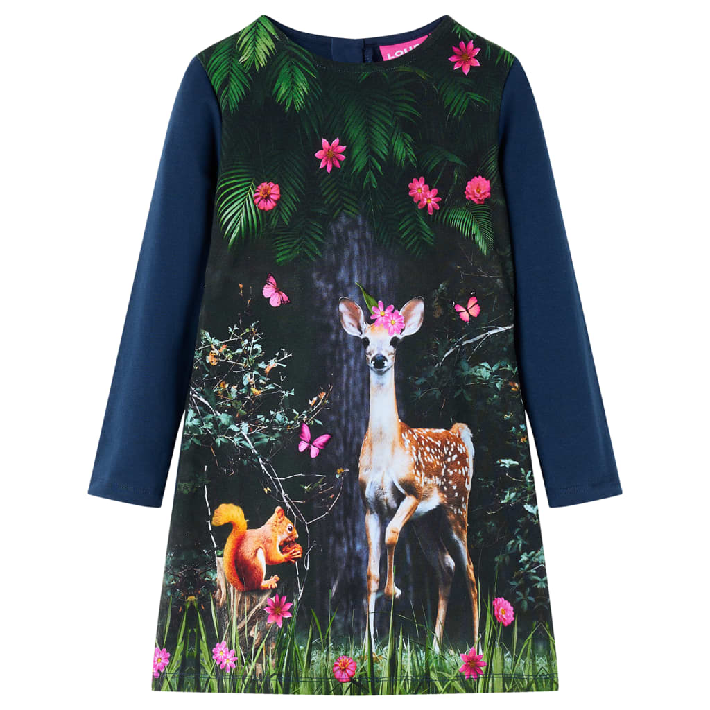 Kids' Dress with Long Sleeves Deer Print Navy 104