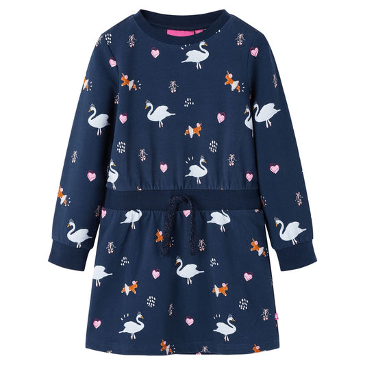 Kids' Dress with Long Sleeves Swan Print Navy 116