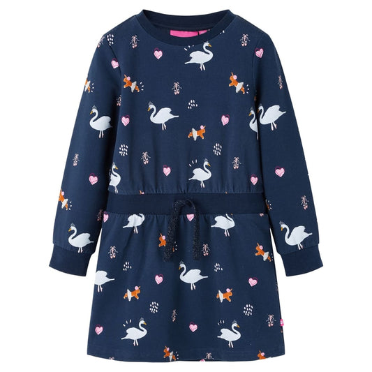 Kids' Dress with Long Sleeves Swan Print Navy 140