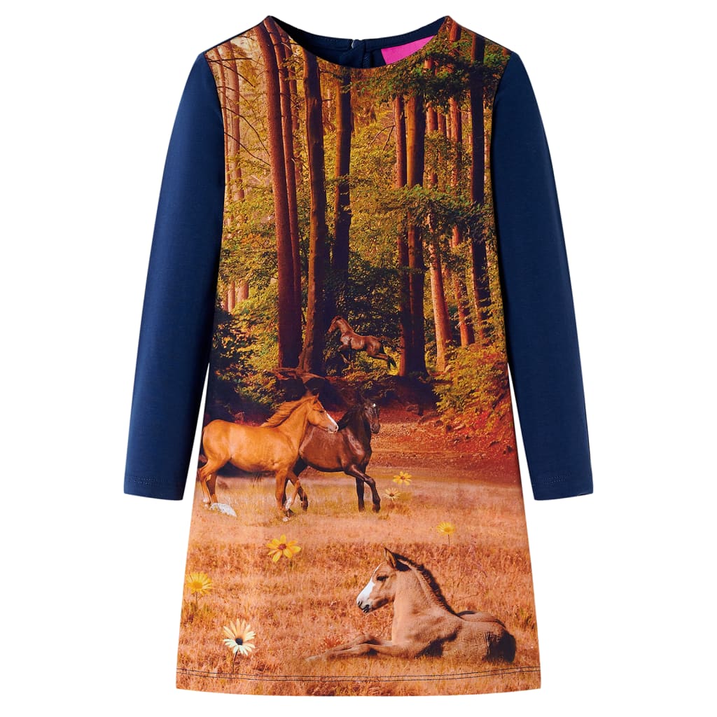 Kids' Dress with Long Sleeves Horses Print Navy 92