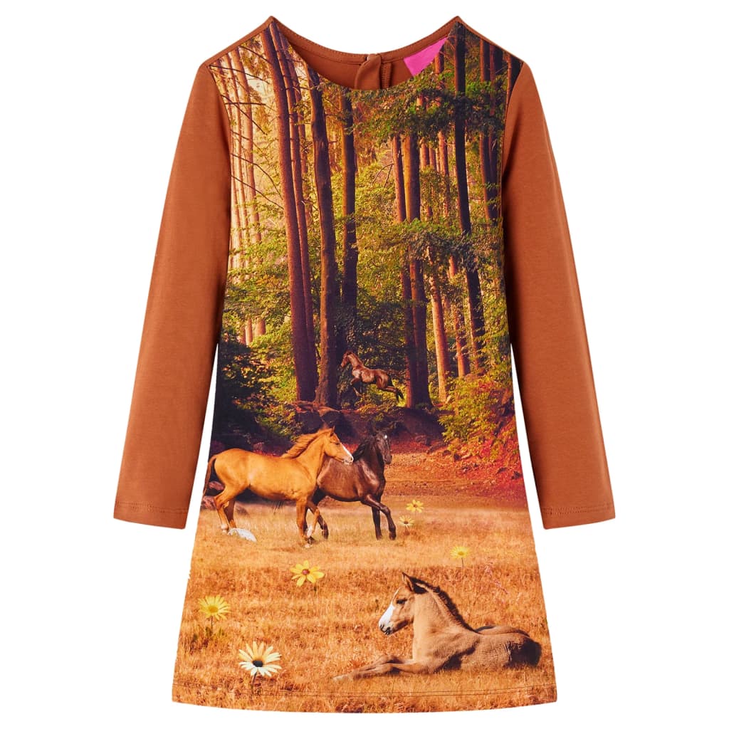 Kids' Dress with Long Sleeves Horses Print Cognac 116