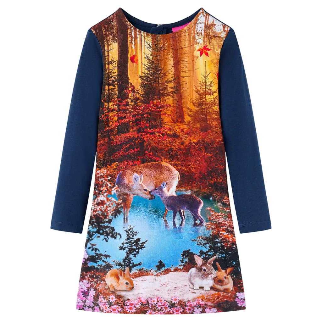 Kids' Dress with Long Sleeves Deer Print Navy 128