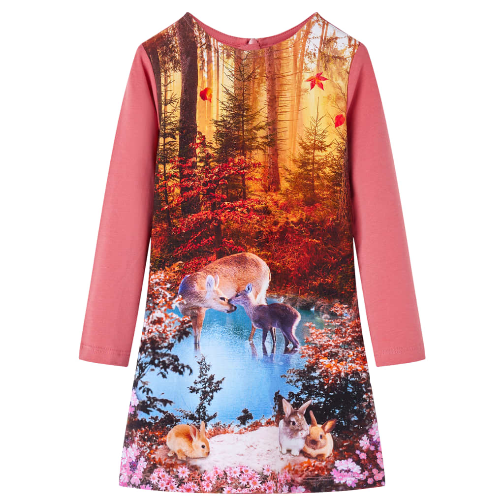Kids' Dress with Long Sleeves Deer Print Old Pink 92