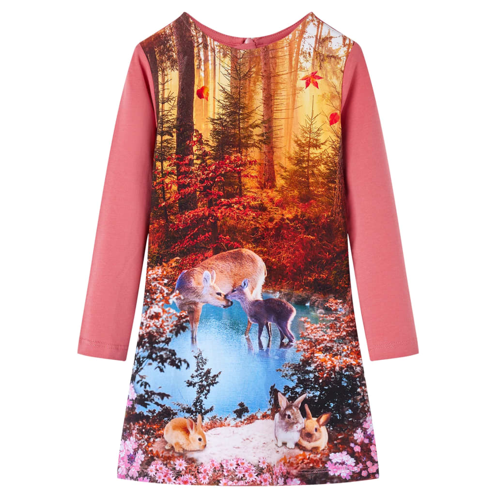 Kids' Dress with Long Sleeves Deer Print Old Pink 116